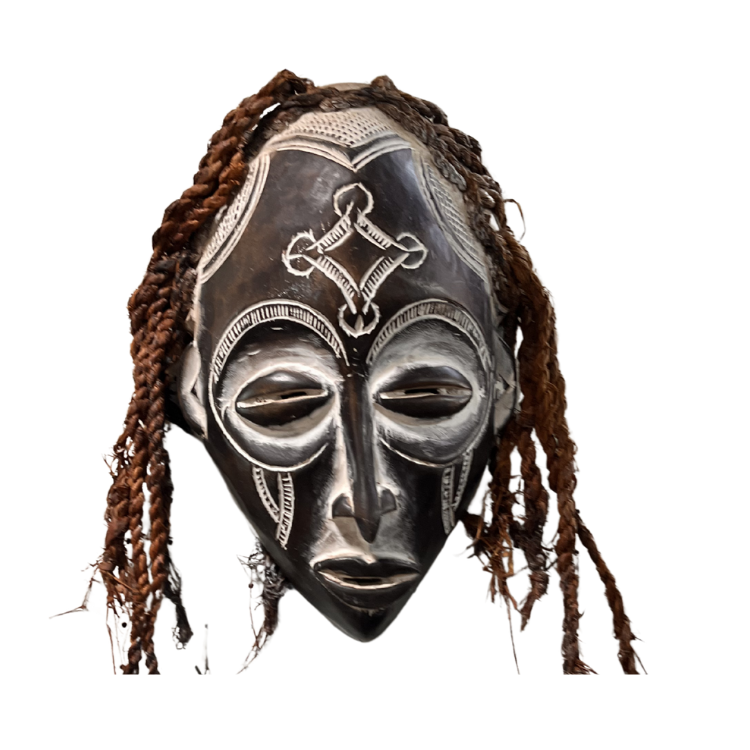 Ebony Spirit African Ceremonial Mask with Braided Fiber Hair