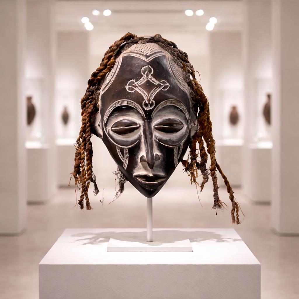 Ebony Spirit African Ceremonial Mask with Braided Fiber Hair