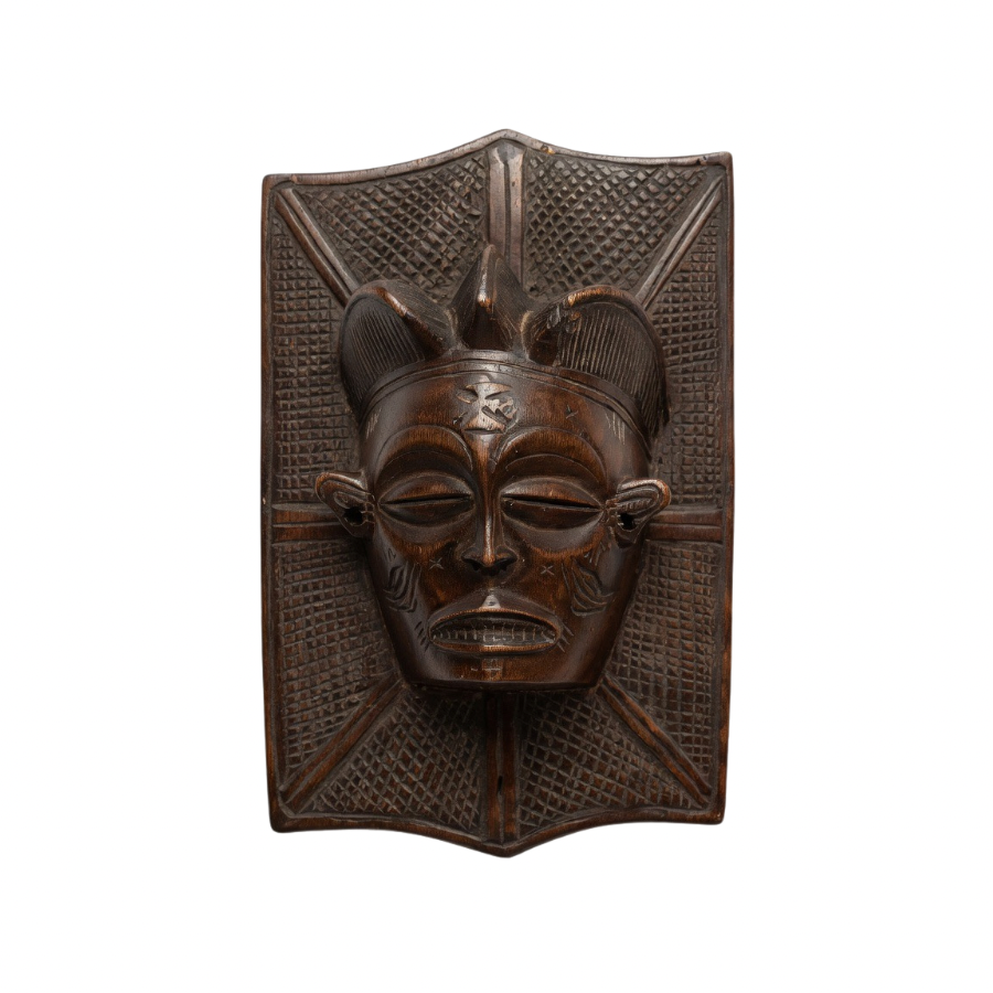 Chokwe Mwana Pwo Shield Mask on Carved Backplate — Angola / DRC