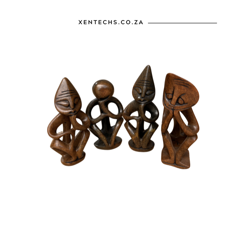 Ubuntu Reflection Quartet – Hand-Carved Wooden Thinker Sculptures (Set of 4)