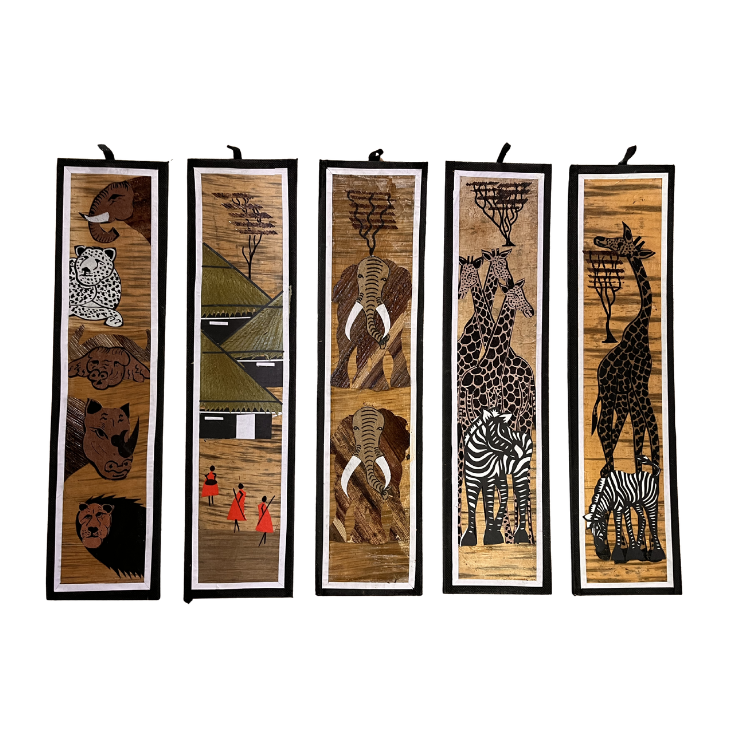 African Safari Wall Art  Hand-painted Bark Cloth Hanging Set