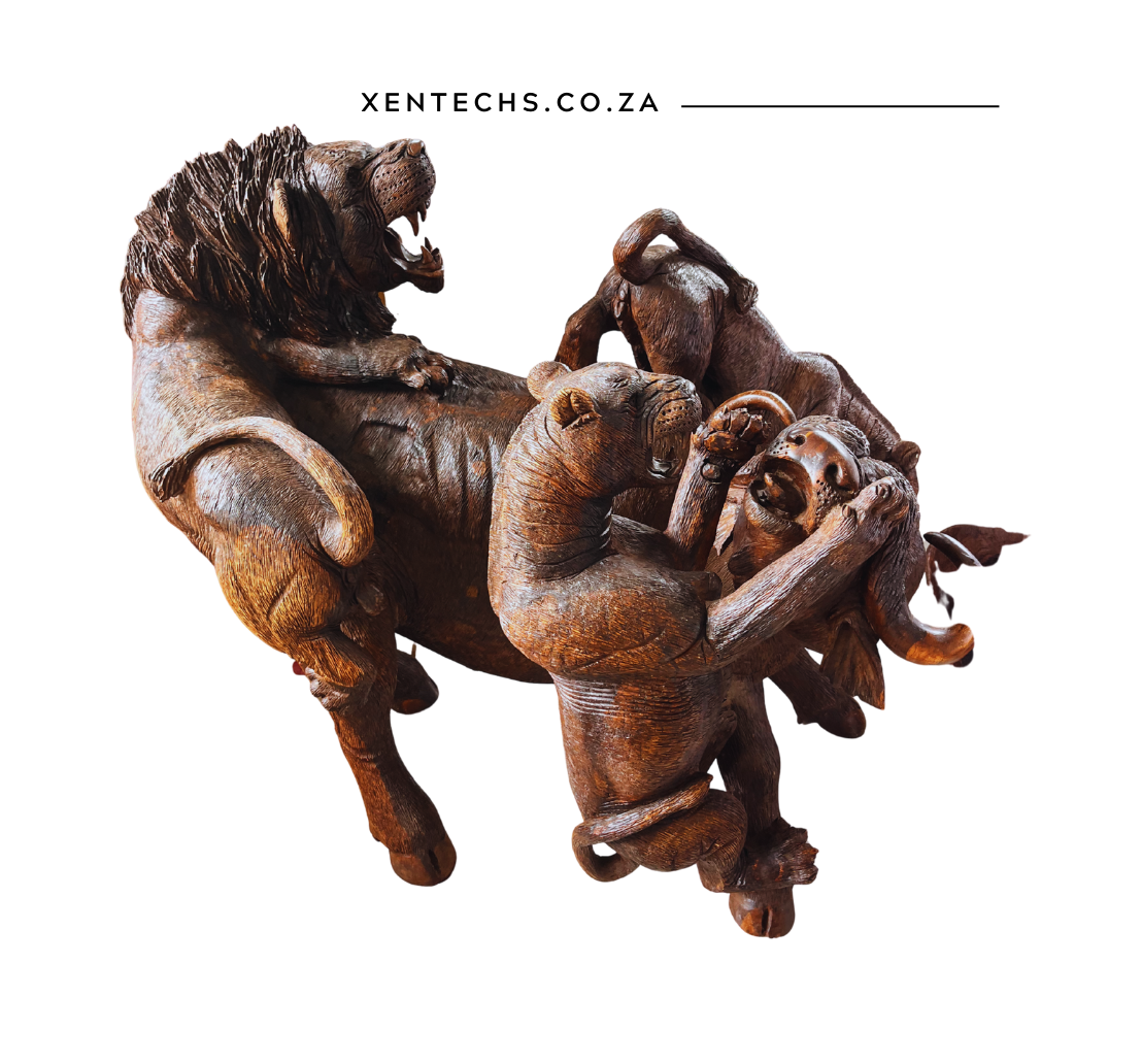 Savannah Reign – Grand Hand-Carved Lion & Elephant Sculpture