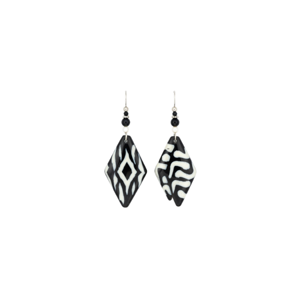 East African Batik Bone Diamond Drop Earrings — Black & White